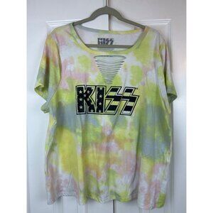 KISS Tie Dye Short Sleeve T Shirt Tee Pastels Cut Out V-Neck Front Size 22/24